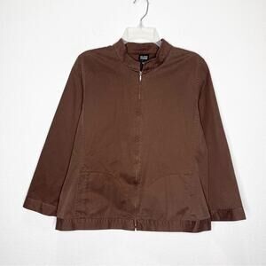 Eileen Fisher Shaped Zip Chocolate Brown 100% Cotton Jacket Large